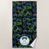 Videospel Neon Blauw & Groen Patroon Monogram Strandlaken (Voorkant)