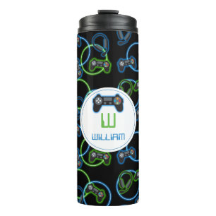 Videospel Neon Blauw & Groen Patroon Monogram Thermosbeker