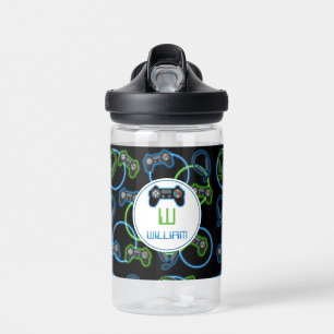 Videospel Neon Blauw & Groen Patroon Monogram Waterfles