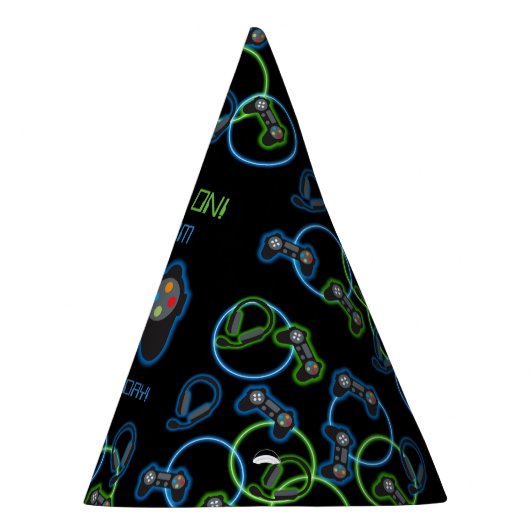 Videospel Neon Blauw & Groen Verjaardagsfeest Feesthoedjes (Rechts)