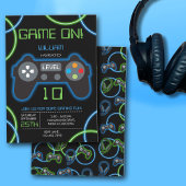 Videospel Neon Blauw & Groen Verjaardagsfeest Kaart