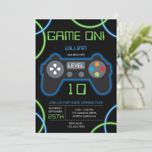 Videospel Neon Blauw & Groen Verjaardagsfeest Kaart (Staand voorkant)