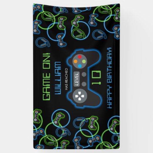 Videospel Neon Blauw & Groen Verjaardagsfeest Spandoek (Verticaal)