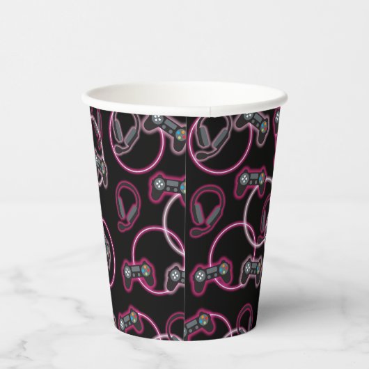 Videospel Neon Roze Meisjes Patroon Papieren Bekers (Rechts)