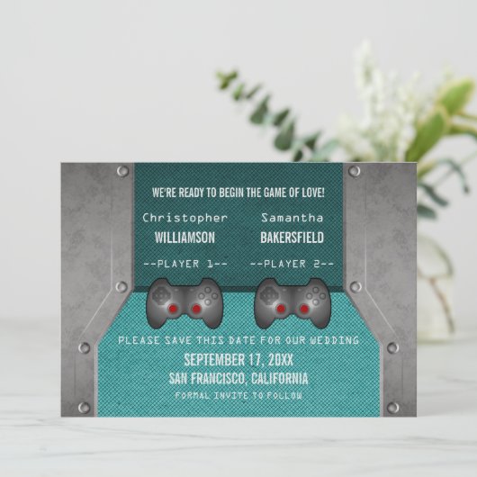 VideoSpel sparen de Datum uitnodigen, Blauwgroen Save The Date (Staand voorkant)