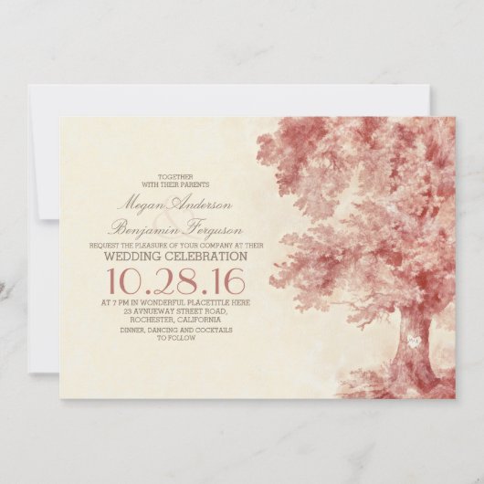 vieil arbre rougir d'aquarelle invitation mariage (Devant)