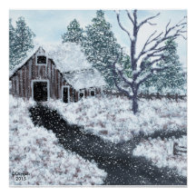 Vieille grange hiver scène neige chute poster