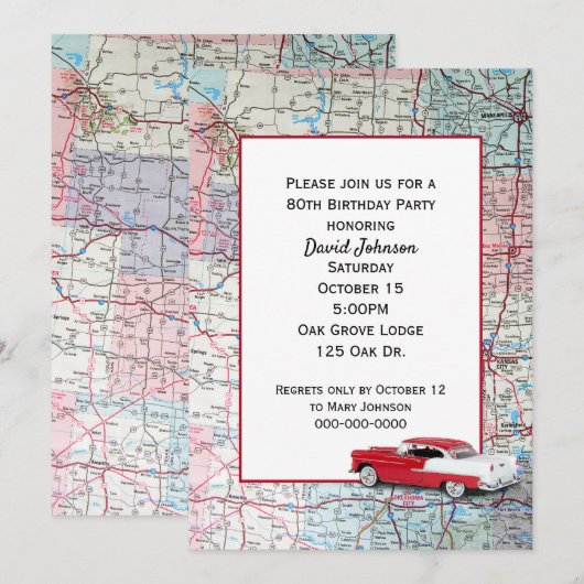 Vieille voiture sur la carte pour 80e anniversaire (Devant / Derrière)