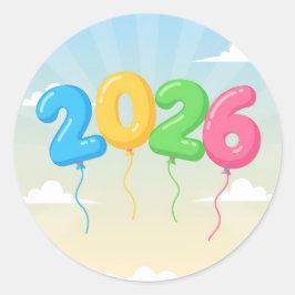 Vier 2026 met kleurrijke zwevende ballonnen ronde sticker
