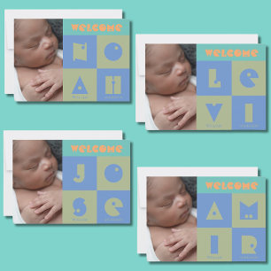 Vier 4-letterige naam baby jongen geboorte aankond bedankkaart