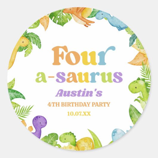 Vier A-Saurus Dinosaurus 4e Verjaardagsfeest Ronde Sticker (Voorkant)