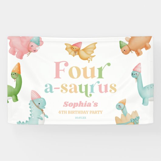 Vier A-Saurus Dinosaurus 4e Verjaardagsfeest Spandoek (Horizontaal)