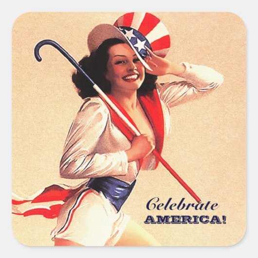 Vier Amerika! 4 juli Retro Pin-up Vierkante Sticker (Voorkant)