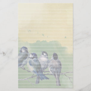 Vier blauwe vogelsoorten Waterverf achtergrond en Briefpapier