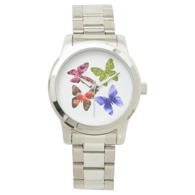 Vier bloemenvlinders, grote unisex horloge (Voorkant)