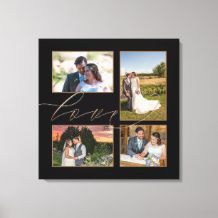 Vier bruiloft foto's Collage Love Script Black Canvas Afdruk