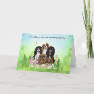 Vier Cavalier King Charles Spaniels in Flowers Bedankkaart