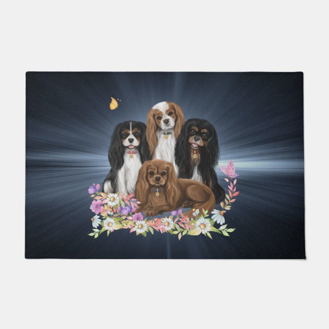 Vier Cavalier King Charles Spaniels in Flowers     Deurmat (Voorkant)