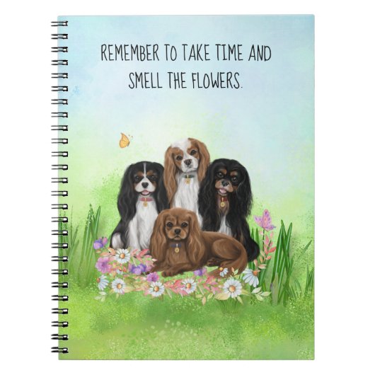 Vier Cavalier King Charles Spaniels in Flowers Notitieboek (Voorkant)