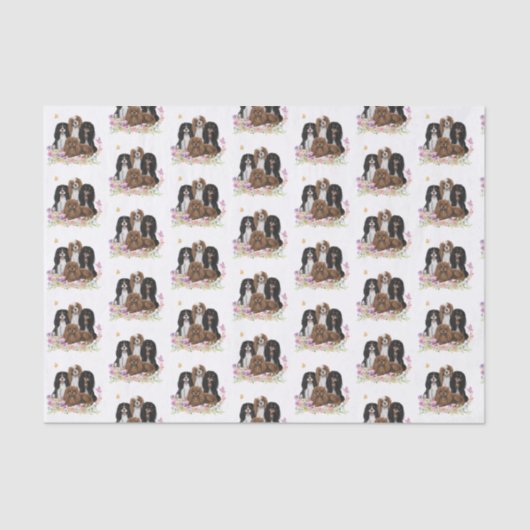 Vier Cavalier King Charles Spaniels in Flowers Tissuepapier (Voorkant)
