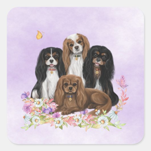 Vier Cavalier King Charles Spaniels in Flowers Vierkante Sticker (Voorkant)
