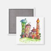 Vier Cute Whimsical-huizen Magneet (Voorkant / Achterkant)