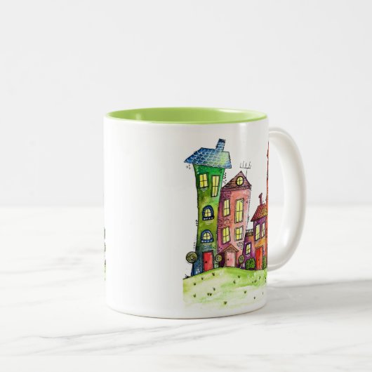 Vier Cute Whimsical-huizen Tweekleurige Koffiemok (Voorkant rechts)