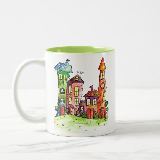Vier Cute Whimsical-huizen Tweekleurige Koffiemok (Links)