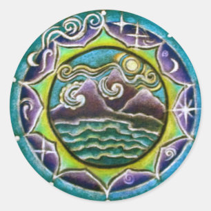 Vier Elementen Mandala Sticker, water, vuur, Ronde Sticker