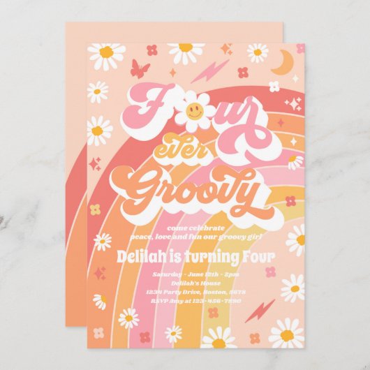 Vier Ever Groovy Hippie Rainbow vierde geboortedag Kaart (Voorkant / Achterkant)