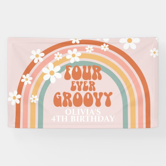 Vier Ever Groovy Retro Rainbow Daisy Birthday Spandoek (Horizontaal)