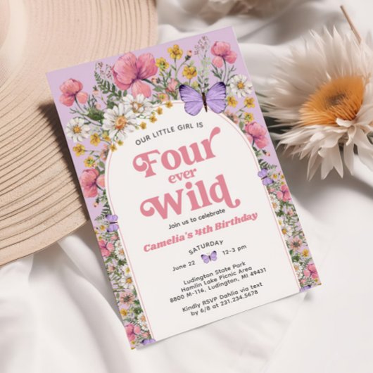 Vier Ever Wild Butterfly Wildflower 4e verjaardag Kaart