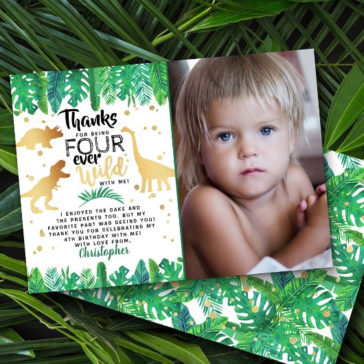 Vier Ever Wild Dinosaur Boys 4e verjaardag Foto Bedankkaart