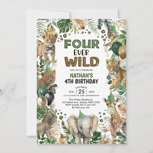 Vier Ever Wild Oerwoud Safari Dieren 4e Verjaardag Kaart (Voorkant)