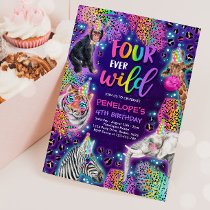 Vier Ever Wild Safari Neon Cheetah Birthday Party Kaart
