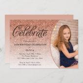 Vier Fancy Script Roos Gouden Glitter Foto Kaart (Voorkant / Achterkant)