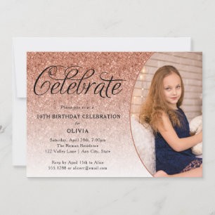 Vier Fancy Script Roos Gouden Glitter Foto Kaart
