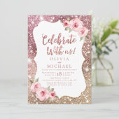 Vier Feest Met Ons! Glans roze goud en bloem Kaart (Staand voorkant)