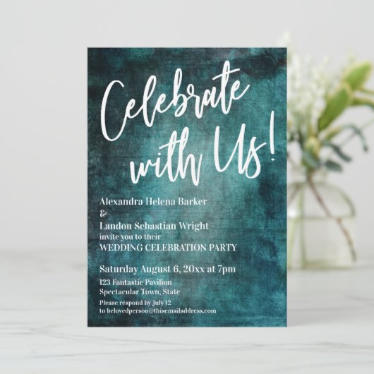 Vier Feest Met Ons! Handgeschreven Vet Teal Grunge Kaart (Staand voorkant)