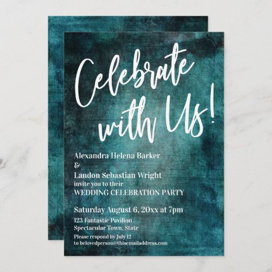 Vier Feest Met Ons! Handgeschreven Vet Teal Grunge Kaart (Voorkant / Achterkant)