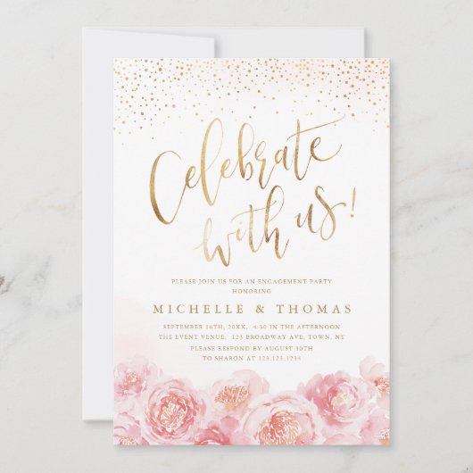 Vier Feest Met Ons! kalligrafie goud & blos bloem Kaart (Voorkant)