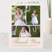 Vier foto groen eerste communie blush bedankkaart (Voorkant)