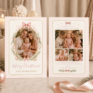Vier Foto Roze Strik Gingham Kerst Familie Feestdagenkaart