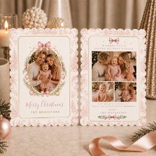 Vier Foto Roze Strik Toile Kerst Familie Feestdagenkaart