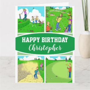 Vier Funny Golfer Cartoon Illustraties Kaart