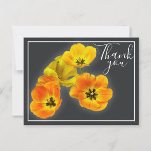 Vier Gele Oranje Tulpen Grijze Achtergrond Dank Je Briefkaart