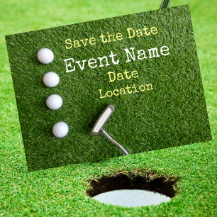Vier golfballen met putter Save the Date Aankondigingskaart
