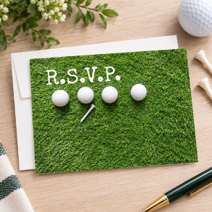 Vier golfballen met tee R.S.V.P. op groen Kaart