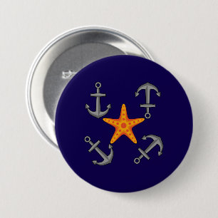 Vier grijze ankers rond de oranje zeester ronde button 7,6 cm