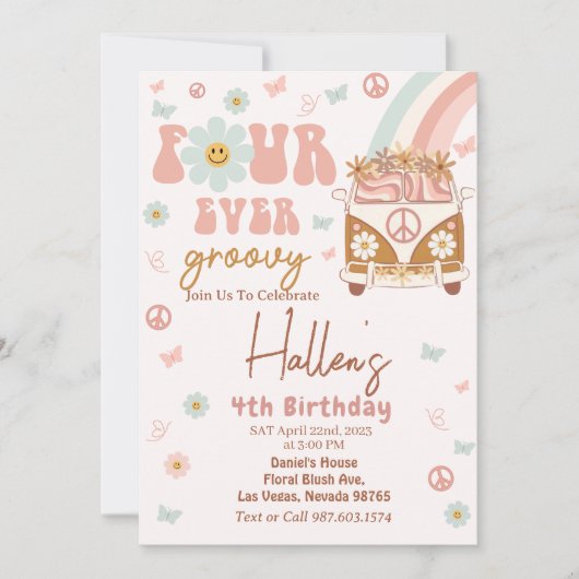 Vier Groovy Retro Rainbow 4e verjaardag Kaart (Voorkant)